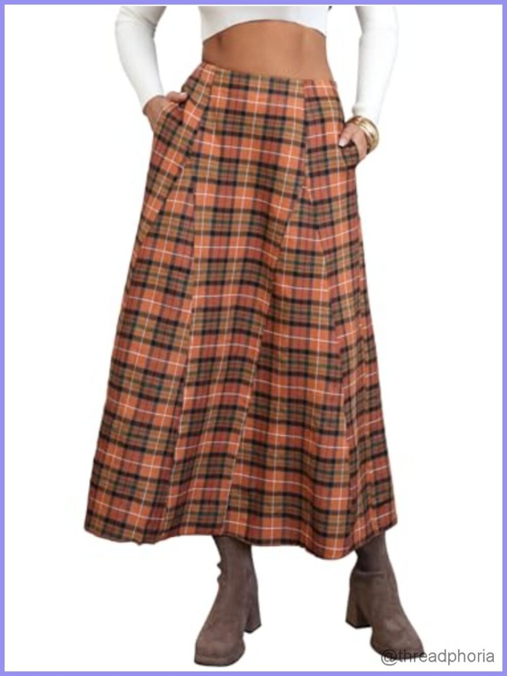 Womens Flannel Plaid Maxi Skirt High Waist A-Line Pleated Casual Office with